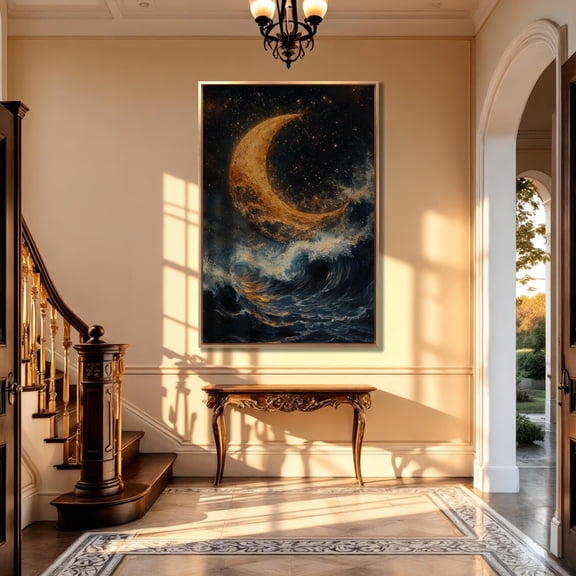 Crescent Moon & Sea Art Dreamy Night Sky, Ocean Waves Poster Decor For Living Room Bedroom, Unframed Poster Size 8x12