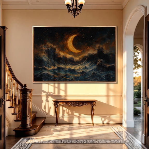 Crescent Moon Seascape Art: Stormy Ocean Poster, Stretched Canvas Size 16x24