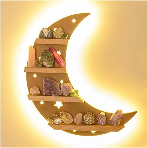 Crescent Moon Shelf with LED Lights - 15.7" Crystal Display Shelf for Wall - Crystal Holder for Stones - Moon and Stars Wall Decor - Rock Display Case, Witchy Altar Trinket Organizer