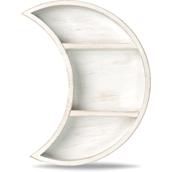 Crescent Moon Shelf - Rustic White Crystal Holder - Essential Oil Display - Wooden Moon Phase Wall Hanging Floating Shelves for Oils Crystals - Bohemian Hippie Spiritual - Boho Baby Nur