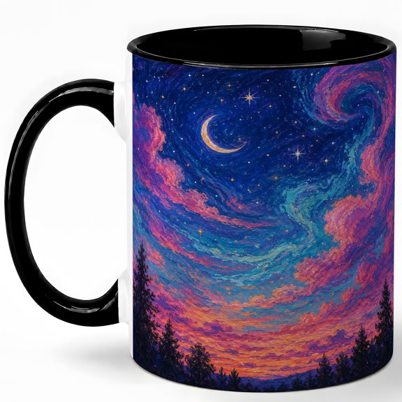 Crescent Moon Sky 11oz Ceramic Mug, Colorful Starry Night Art