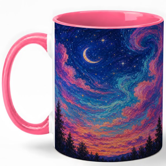 Crescent Moon Sky 11oz Ceramic Mug, Colorful Starry Night Art