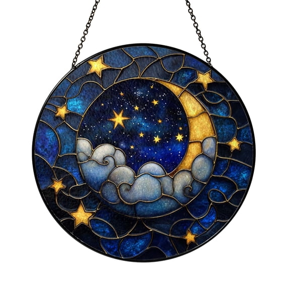 Crescent Moon Stained Glass Suncatcher, Night Sky Window Hanging Decor, Celestial Moon and Stars Glass Art Panel, Dreamy Cloud Night Window Ornament, Fantasy Sky Home Decor Gift