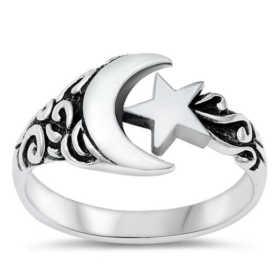 Crescent Moon Star Nigh Sky Ring .925 Sterling Silver Band Jewelry Female Male Unisex Size 10