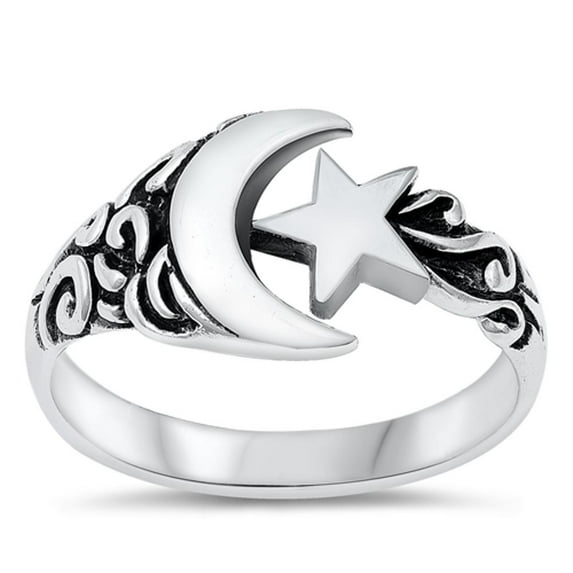 Crescent Moon Star Nigh Sky Ring .925 Sterling Silver Band Jewelry Female Male Unisex Size 11