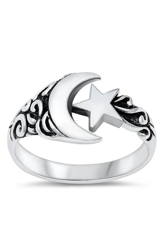 Crescent Moon Star Nigh Sky Ring .925 Sterling Silver Band Jewelry Female Male Unisex Size 5