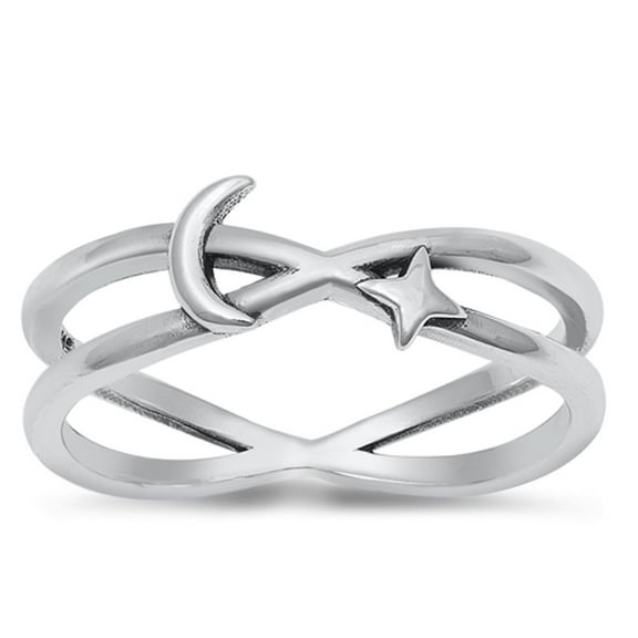 Crescent Moon Star Night Ring .925 Sterling Silver Band Jewelry Female Male Unisex Size 10
