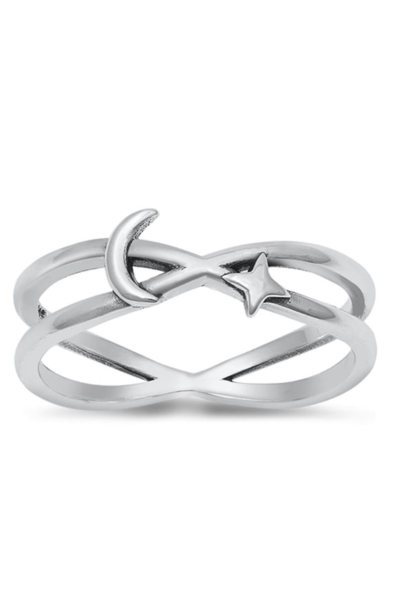 Crescent Moon Star Night Ring .925 Sterling Silver Band Jewelry Female Male Unisex Size 10