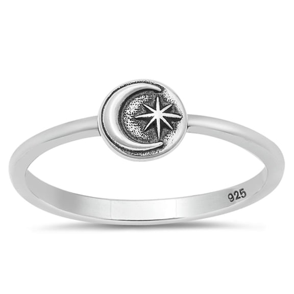 Crescent Moon Star Night Ring .925 Sterling Silver Band Jewelry Female Male Unisex Size 10