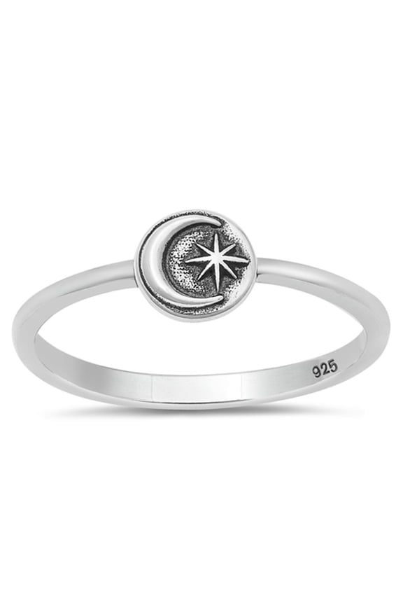 Crescent Moon Star Night Ring .925 Sterling Silver Band Jewelry Female Male Unisex Size 5