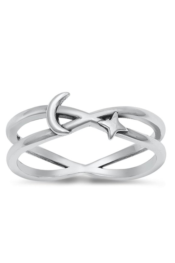 Crescent Moon Star Night Ring .925 Sterling Silver Band Jewelry Female Male Unisex Size 6
