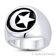 Crescent Moon & Star Turkish Emblem Islam & Muslim Religious Symbol Men's Large Signet Ring in Oxidized .925 Sterling Silver