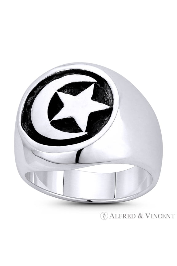 Crescent Moon & Star Turkish Emblem Islam & Muslim Religious Symbol Men's Large Signet Ring in Oxidized .925 Sterling Silver