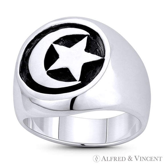 Crescent Moon & Star Turkish Emblem Islam & Muslim Religious Symbol Men's Large Signet Ring in Oxidized .925 Sterling Silver