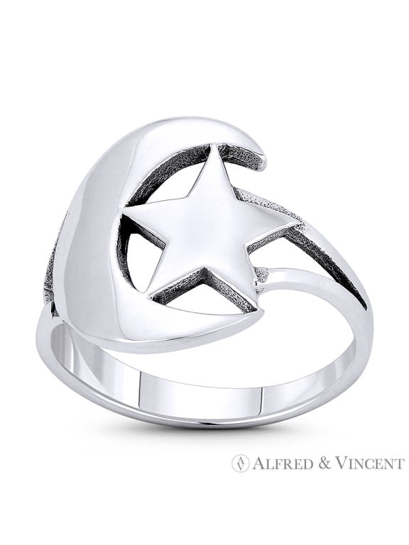 Crescent Moon & Star Turkish Emblem Islam & Muslim Religious Symbol Right-Hand Statement Ring in Oxidized .925 Sterling Silver