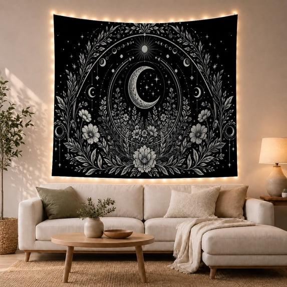 Crescent Moon in Starry Night Sky, Mystical Celestial for Space Lovers, Botanical Wall Art, Housewarming Gift, Tapestry Wall Hanging for Bedroom and Living Room