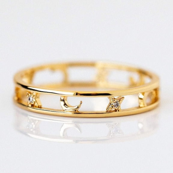 Crescent Moon and Stars Moissanite Band Handmade Moon Stacking Dainty Ring Celestial Moon Wedding Ring Boho Promise Ring In 18K Yellow Gold Over Silver