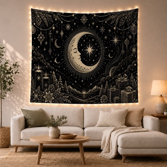 Crescent Moon Over Stars and Mountains, Mystical Celestial Style for Celestial Art Lovers, Moon Wall Art, Housewarming Gift, Tapestry Wall Hanging for Bedroom and Dorm