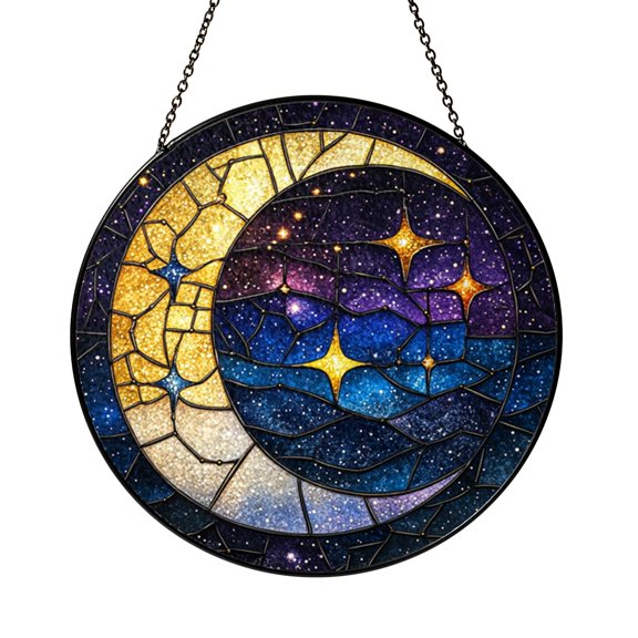 Crescent Moon and Stars Stained Glass Suncatcher Window Hanging, Celestial Decorative Glass Art Panel with Night Sky Design, Round Sun Catcher Window Decor Ornament Gift Idea for Dreamers