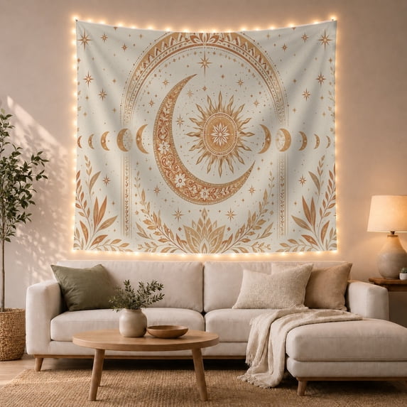 Crescent Moon and Sun With Moon Phases, Mystical Boho Style for Celestial Art Lovers, Lunar Wall Art, Housewarming Gift, Tapestry Wall Hanging for Bedroom and Dorm
