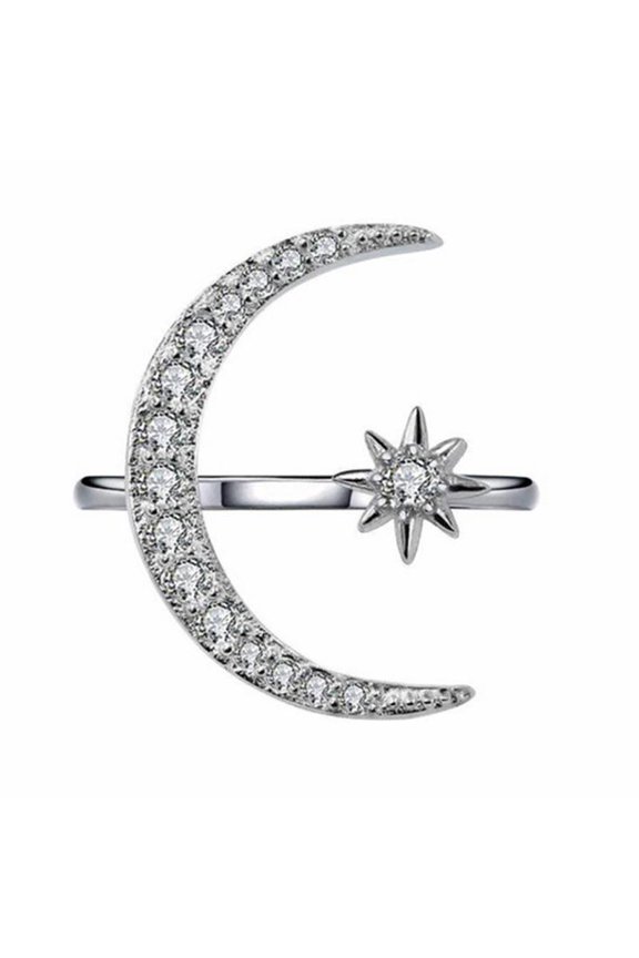 Crescent Moon Sun Star Adjustable 925 Sterling Silver Open Ring with Zirconia Celestial Jewelry for Women Goth Halloween Christmas Gift