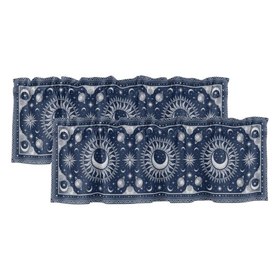 Crescent Moon Sunburst 2 Panels Kitchen Valance, Vintage Abstract Blue Planet Star Galaxy Curtains Valances for Small Windows Rod Pocket Window Treatments for Living Room Bedroom 42" W x 12" L