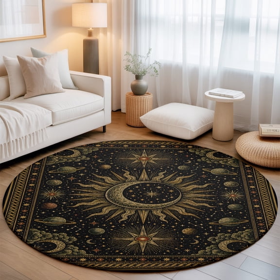 Crescent Moon Sunburst 8' Round Rugs for Open Concept Living Room Seating Zone, Vintage Mystical Galaxy Gold Planet Star Washable Non Slip Mats Large Circle Lounge Area Area Rug