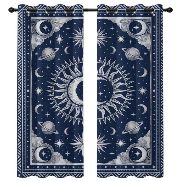 Crescent Moon Sunburst Blackout Curtains 96 Inches Long, Vintage Abstract Blue Planet Star Galaxy Thermal Insulated Room Darkening Drapes with Grommets for Living Room 52"W x 96"L, 2 Panels