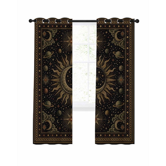 Crescent Moon Sunburst Blackout Curtains for Bedroom Living Room, Vintage Mystical Galaxy Gold Planet Star 63 In Long Thermal Insulated Room Darkening Drapes Grommet Window Treatments, 42 x 63 In