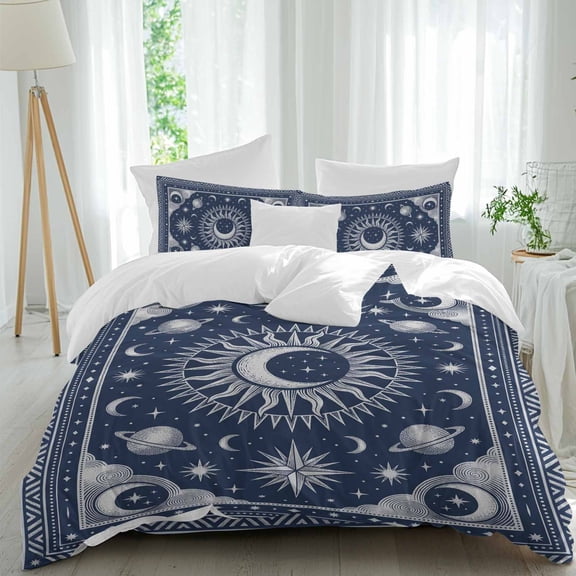 Crescent Moon Sunburst Comforter Set Full Size, Vintage Abstract Blue Planet Star Galaxy Soft Bedding Set for Man Woman, 4 Pieces Duvet Cover Set with Fitted Sheet, 2 Pillowcases