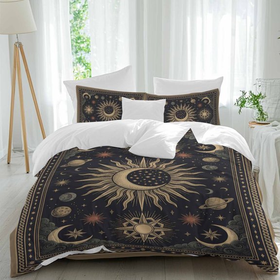 Crescent Moon Sunburst Comforter Set Full Size, Vintage Abstract Gold Planet Star Galaxy Soft Bedding Set for Man Woman, 4 Pieces Duvet Cover Set with Fitted Sheet, 2 Pillowcases
