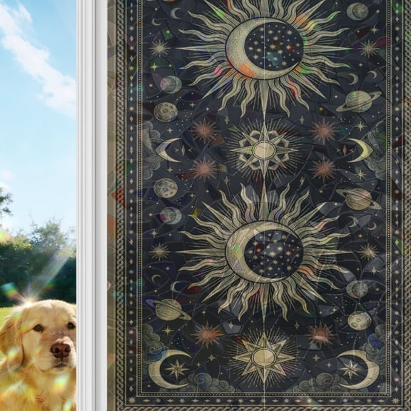 Crescent Moon Sunburst Rainbow Window Privacy Film, Vintage Abstract Gold Planet Star Galaxy Stained Glass Window Film, Sun Blocking Glass Clings Non Adhesive Door Stickers 17.7 x 39.3 Inches