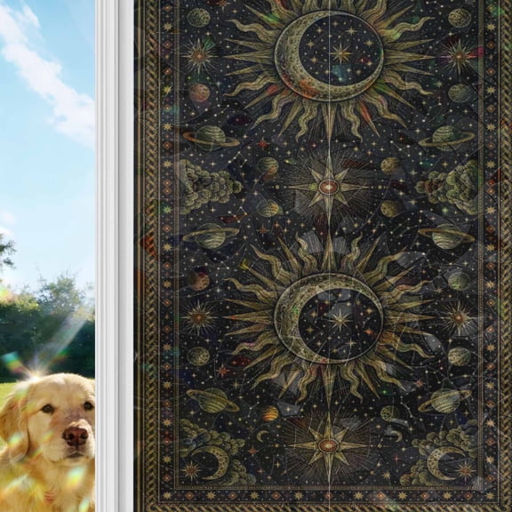 Crescent Moon Sunburst Rainbow Window Privacy Film, Vintage Mystical Galaxy Gold Planet Star Stained Glass Window Film, Sun Blocking Glass Clings Non Adhesive Door Stickers 17.7 x 39.3 Inches