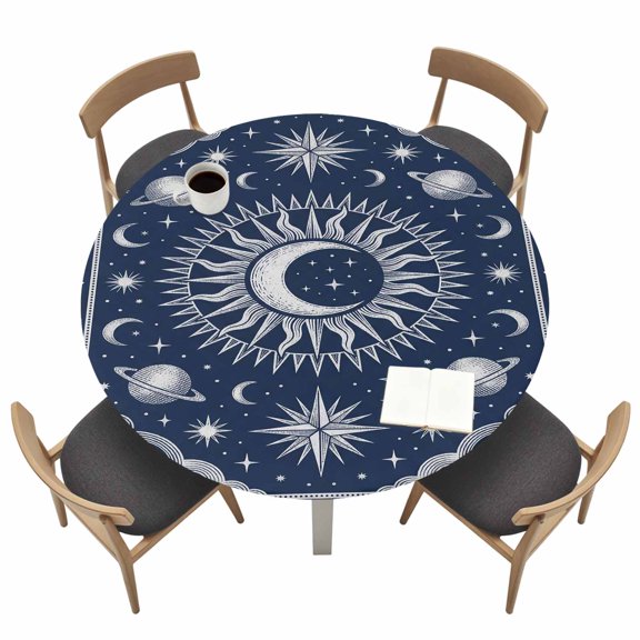 Crescent Moon Sunburst Round Fitted Table Cover Vintage Abstract Blue Planet Star Galaxy Waterproof Table Cloth with Elastic Edge Wipeable Tablecloth for Picnic Camping Party Fits 45"-54" Tables