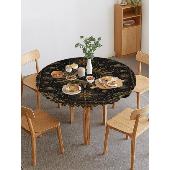Crescent Moon Sunburst Round Fitted Tablecloth with Elastic Edge, Vintage Mystical Galaxy Gold Planet Star Waterproof Stretch Table Covers for 36"-44" Tables Wipeable Table Cloth for Outdoor