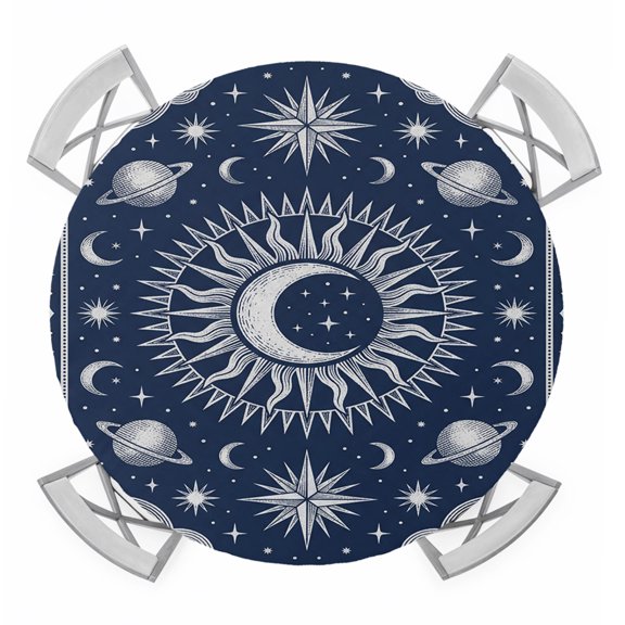 Crescent Moon Sunburst Round Table Cover, Vintage Abstract Blue Planet Star Galaxy Waterproof Fitted Tablecloths for 36"-44" Tables, Washable Picnic Table Cover for Camping Dining Indoor Outdoor