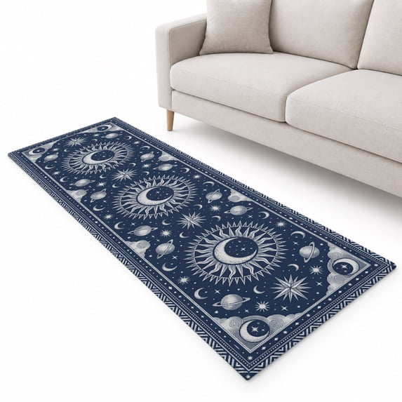 Crescent Moon Sunburst Runner Rug 2'x6', Vintage Abstract Blue Planet ...