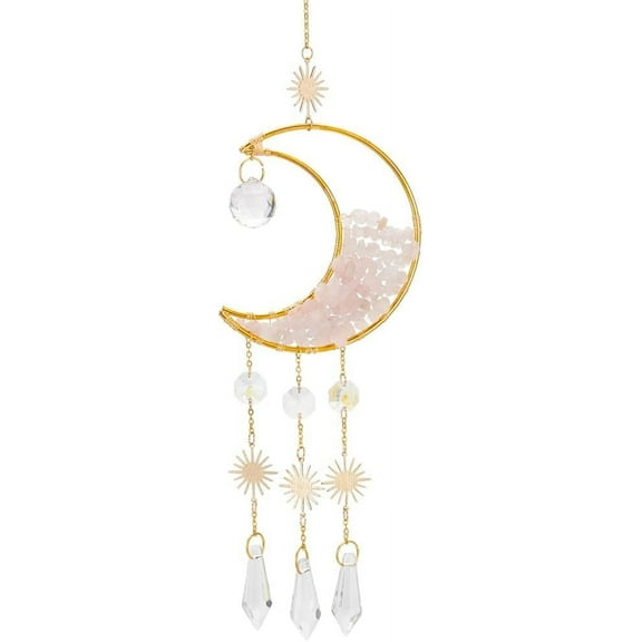 Crescent Moon Suncatcher with Natural Rose Quartz Beads Window Hanging Ornaments Glass Suncatcher for Home Garden Office Decoration Pink Gold DIY