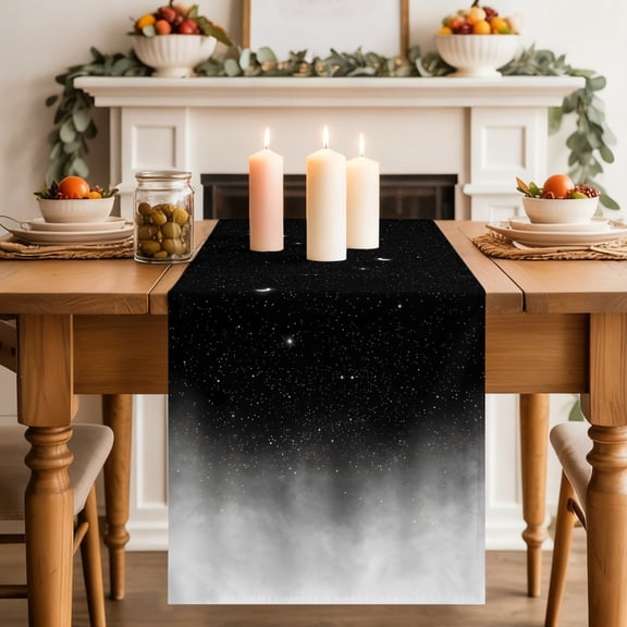 Crescent Moon Table Runner, Dreamy Black Misty Cloud Gray Gradient Fog Washable Cotton-linen Table Runners Dining Kitchen Decoration for Everyday Home Wedding Party Decor, 13 x 36 Inch