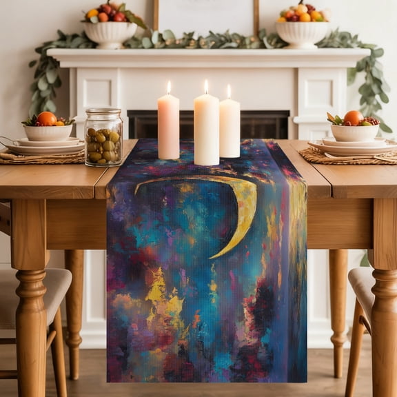 Crescent Moon Table Runner, Dreamy Gold Dark Purple Night Ocean Washable Cotton-linen Table Runners Dining Kitchen Decoration for Everyday Home Wedding Party Decor, 13 x 36 Inch
