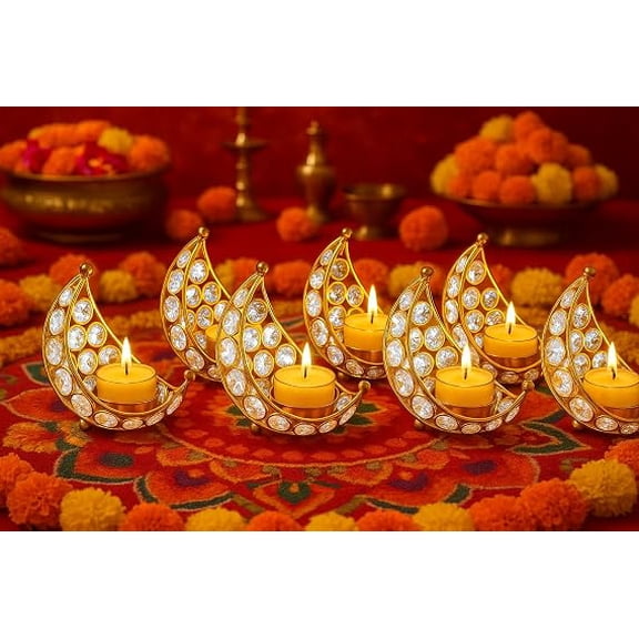 Crescent Moon Tea Light Candle Holder with Crystal Accents, Gold Metal Lantern, Diwali Home Decor, Wedding Table Centerpiece, 10 x 14 x 7 cm