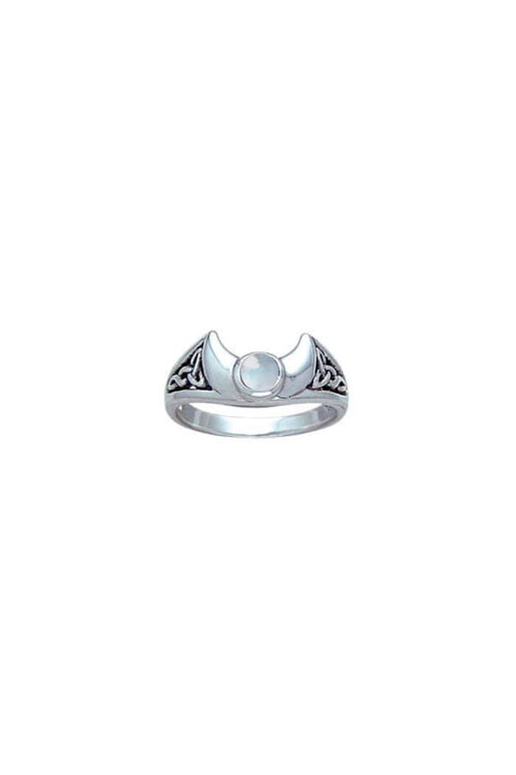Crescent Moon Triquetra Ring Rainbow Moonstone 925 Sterling Silver Lunar Jewelry
