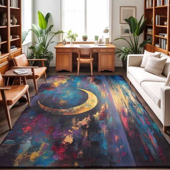 Crescent Moon Washable Area Rug 9 x 12 ft Dreamy Gold Dark Purple Night Ocean, Soft Non Slip Rugs Stain Repellent Indoor Felt Carpet for Living Dining Room Bedroom Home Office
