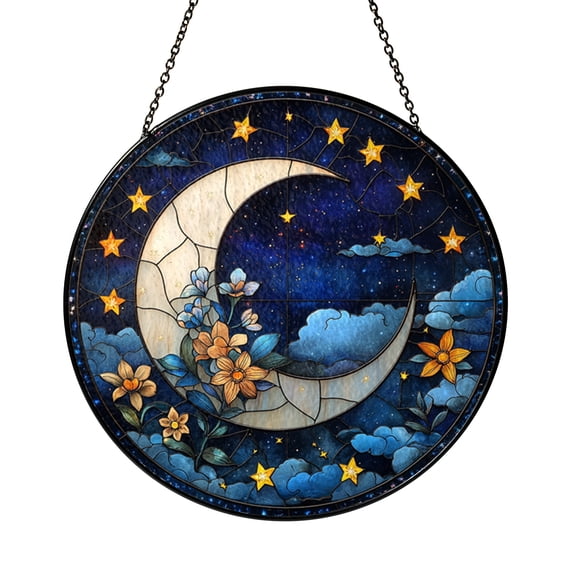 Crescent Moon Window Suncatcher with Stained Glass Effect, Decorative Celestial Window Art with Deep Blue Sky