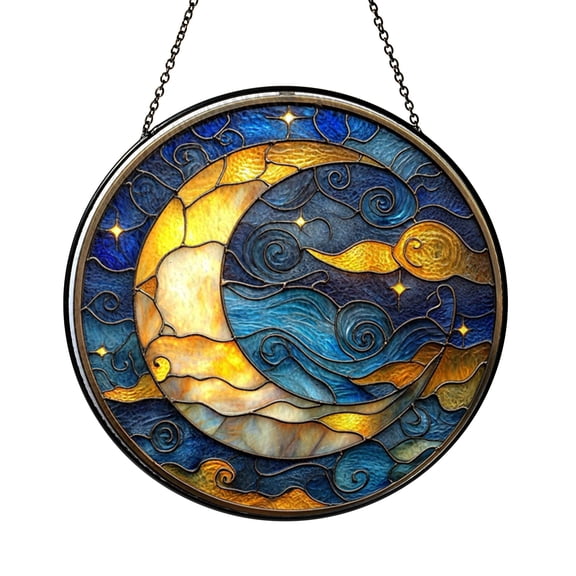 Crescent Moon Window Suncatcher with Stained Glass Effect, Decorative Celestial Window