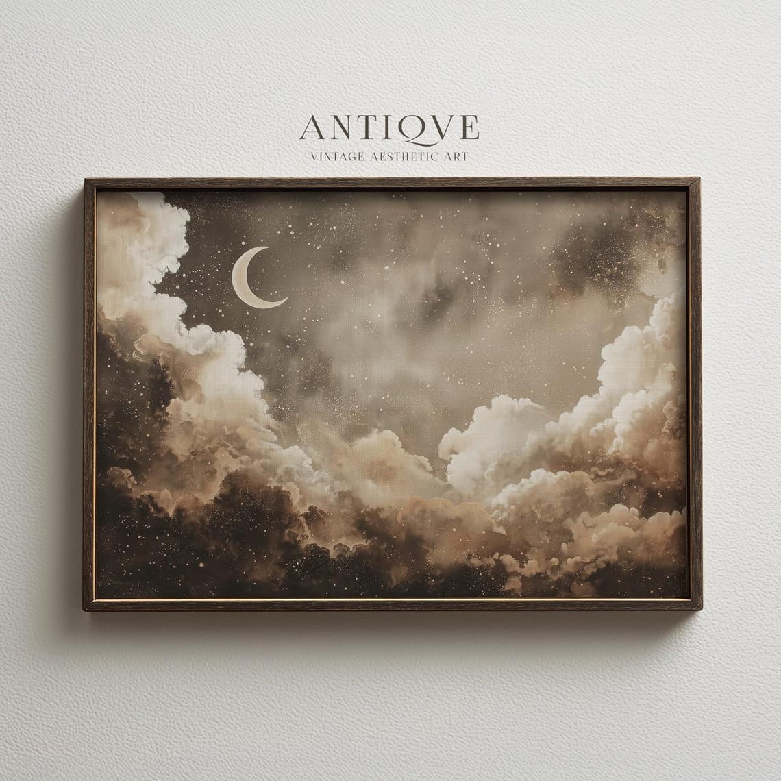 Rustic Moon Crescent Moon With Stars And Clouds, Rustic Night Sky Poster, Subtle ...