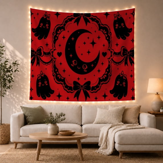 Crescent Moon Within an Ornate Frame with Ghosts and Bows, Playful Gothic for Dark Art Lovers, Creepy Cute Decor, Halloween Gift, Tapestry Wall Hanging for Bedroom and Dorm