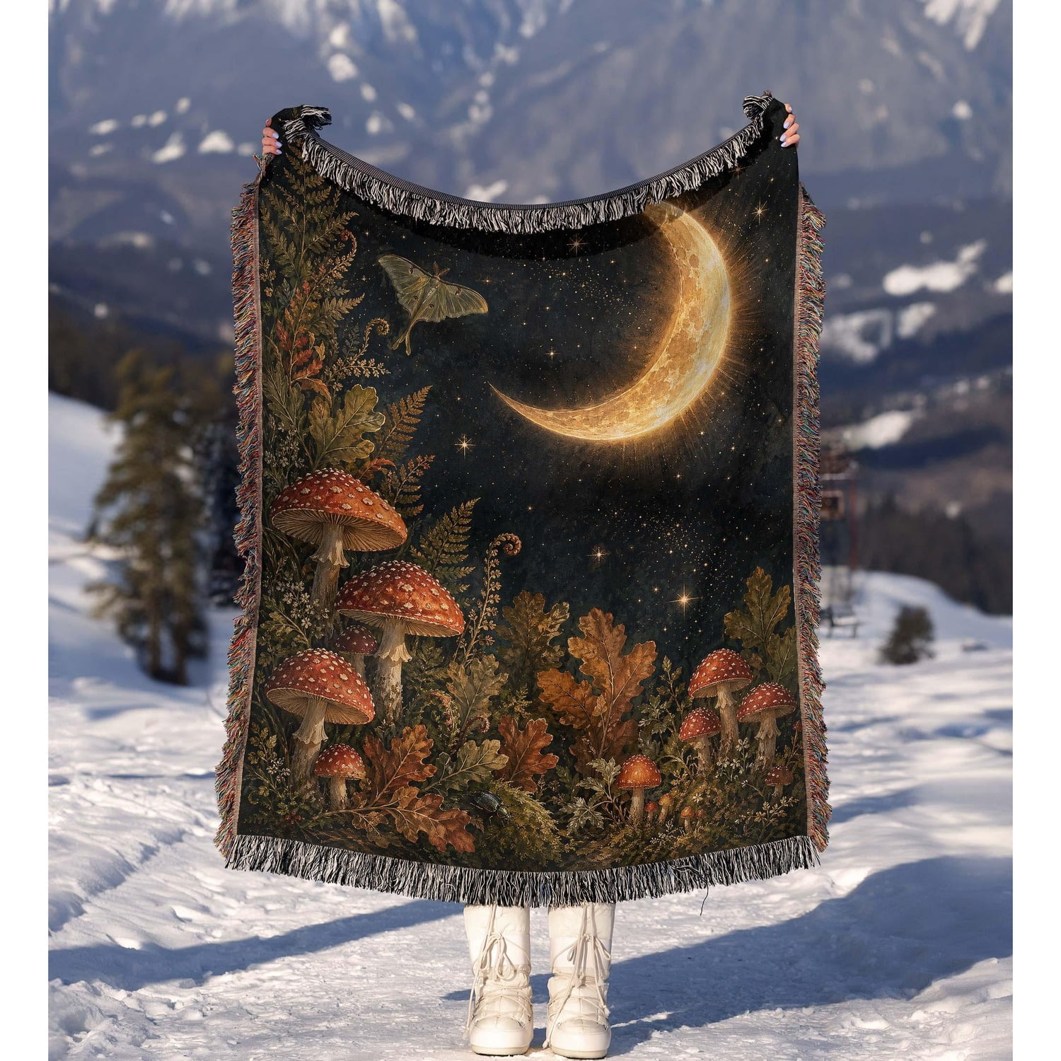 Mon Rusting Crescent Moon and Mushroom Woodland in Black, Gold, Rust and Olive ...