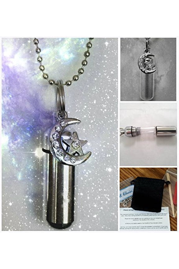 Crescent Moon and Star CREMATION URN Necklace with Engraved Heart - Includes Velvet Pouch, Ball-Chain, Fill-Kit, Instructions