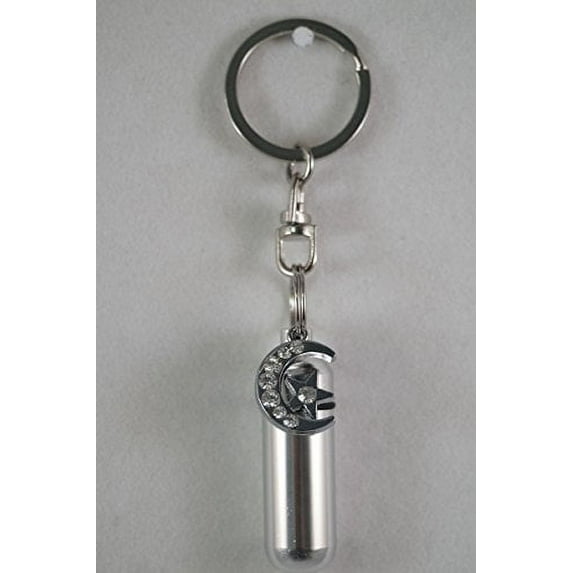 Crescent Moon and Star - CREMATION URN with Engraved Heart on Stainless Steel Swivel Key Chain - Includes Velvet Pouch and Fill-Kit